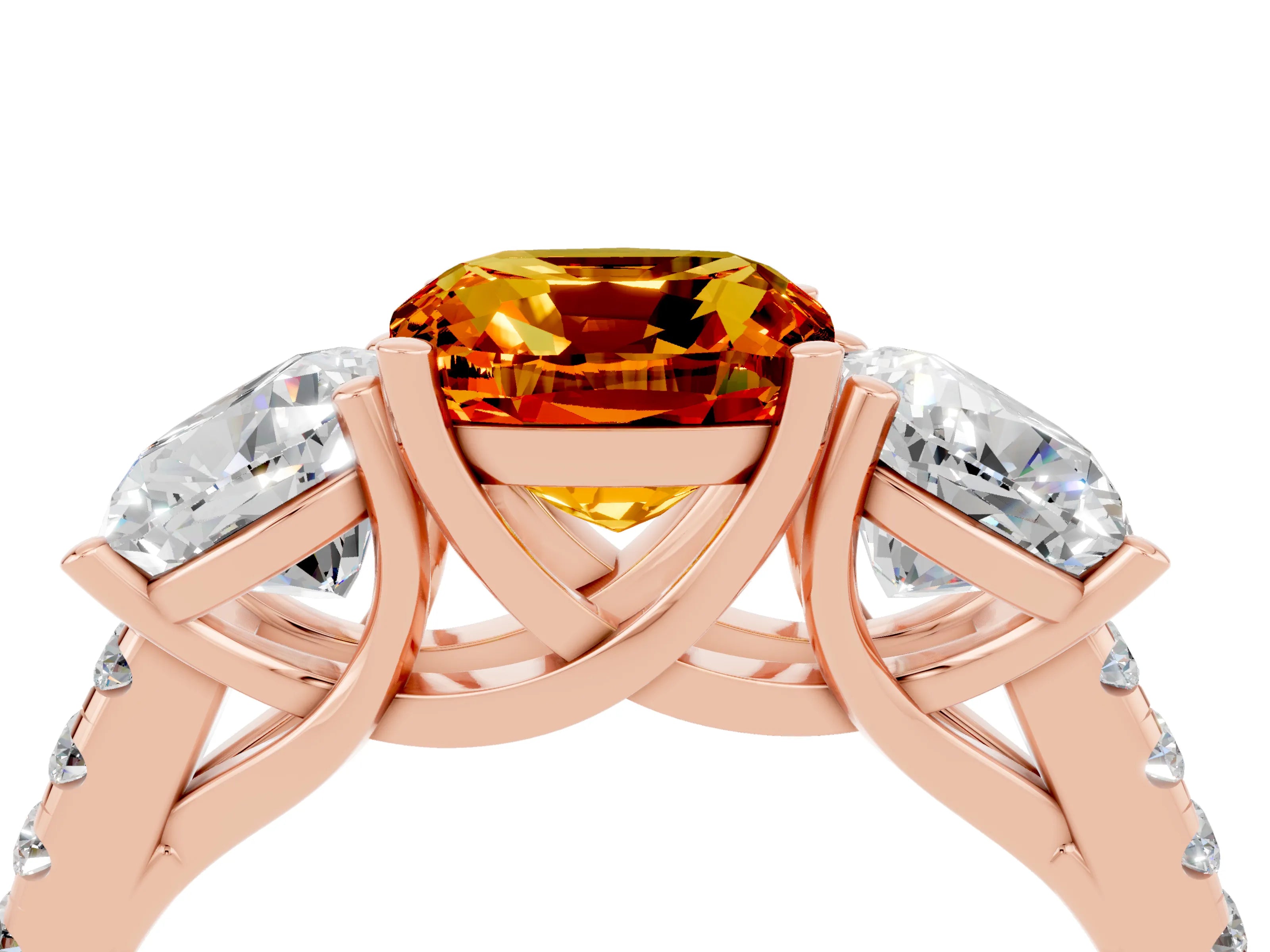 Rose gold Three-Stone Cushion Cut Citrine Ring with Pavé Band and Prong Setting_16