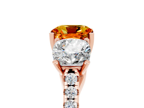 Rose gold Three-Stone Cushion Cut Citrine Ring with Pavé Band and Prong Setting_17