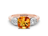 Rose gold Three-Stone Cushion Cut Citrine Ring with Pear Side Stones and Four-Prong Setting