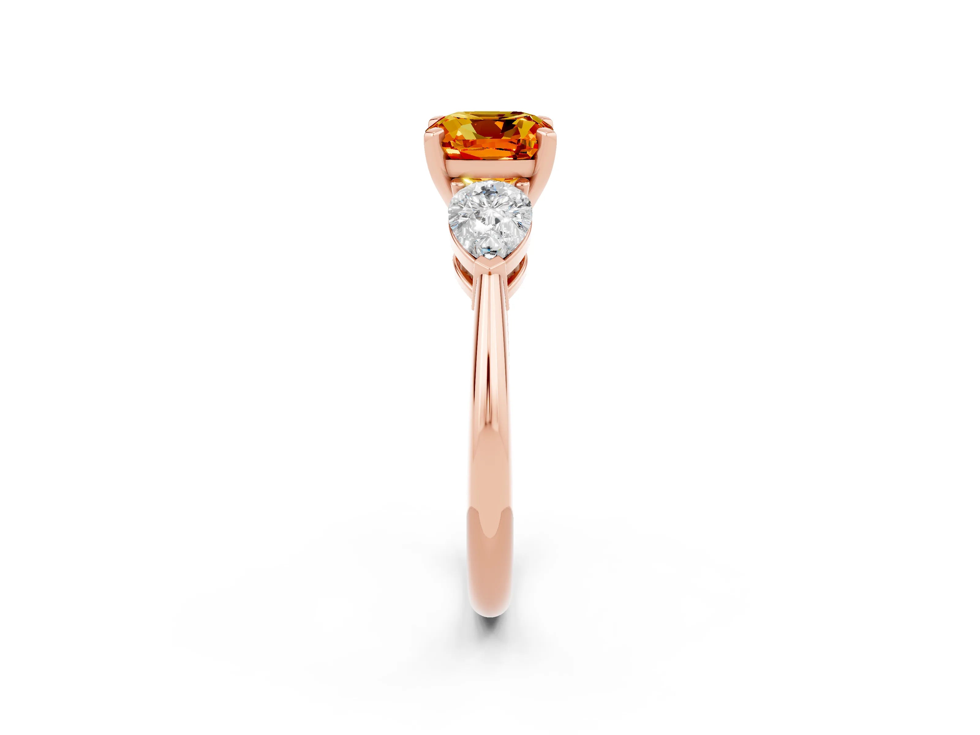 Rose gold Three-Stone Cushion Cut Citrine Ring with Pear Side Stones and Four-Prong Setting_2