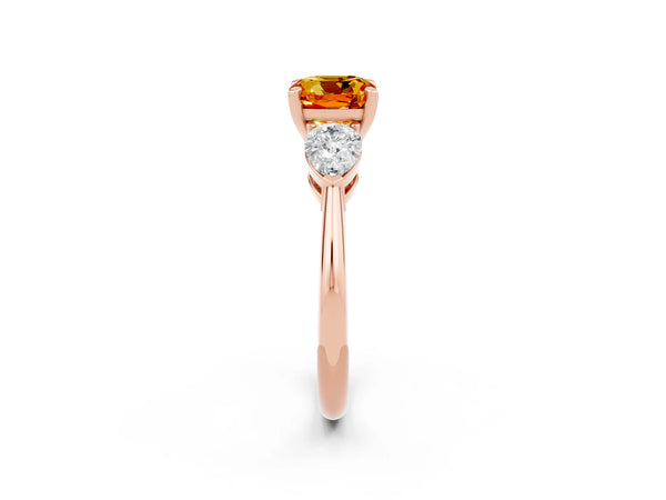 Rose gold Three-Stone Cushion Cut Citrine Ring with Pear Side Stones and Four-Prong Setting