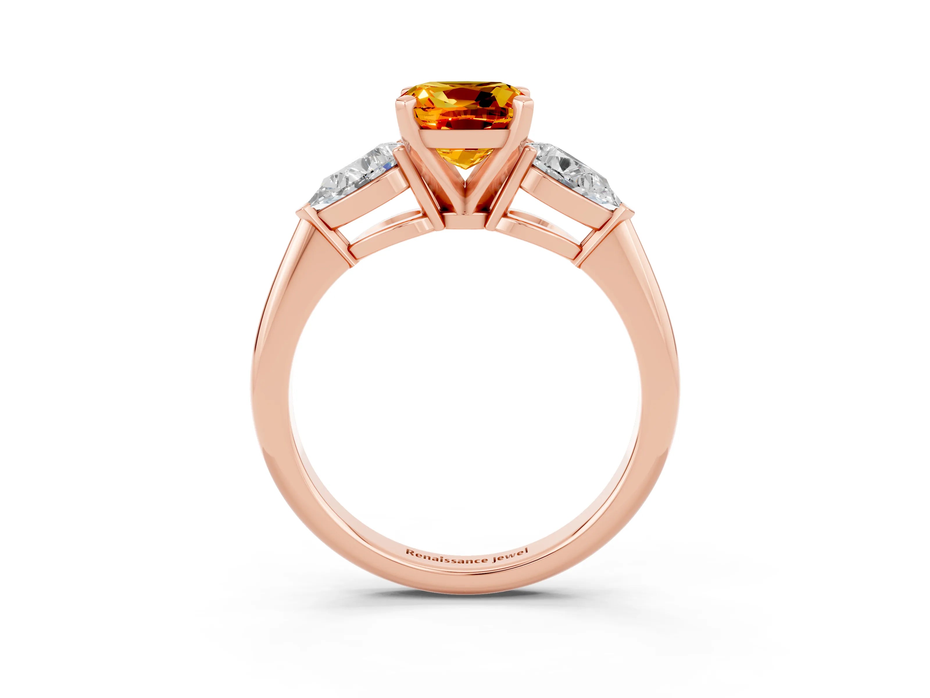 Rose gold Three-Stone Cushion Cut Citrine Ring with Pear Side Stones and Four-Prong Setting_3