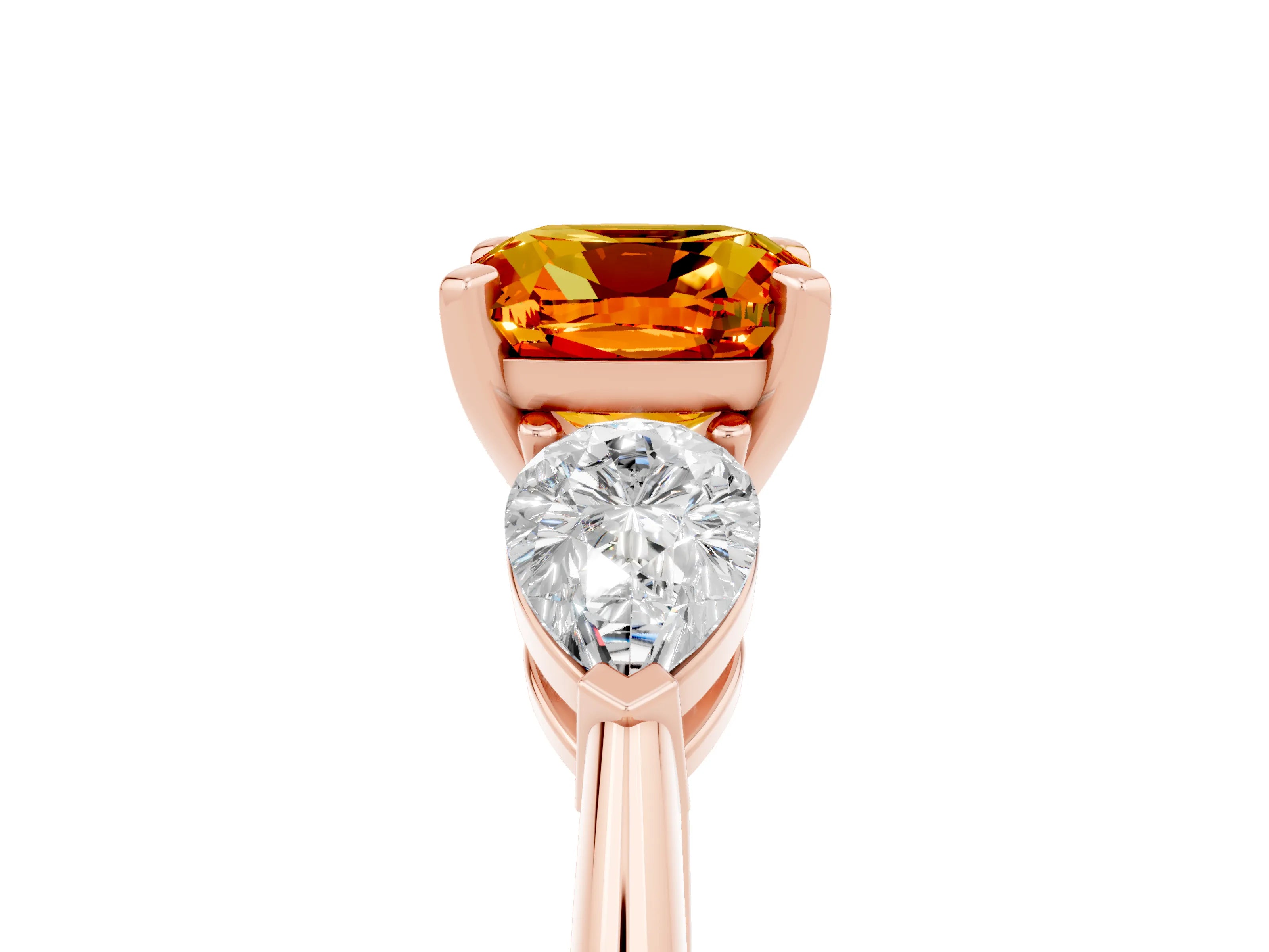 Rose gold Three-Stone Cushion Cut Citrine Ring with Pear Side Stones and Four-Prong Setting_5