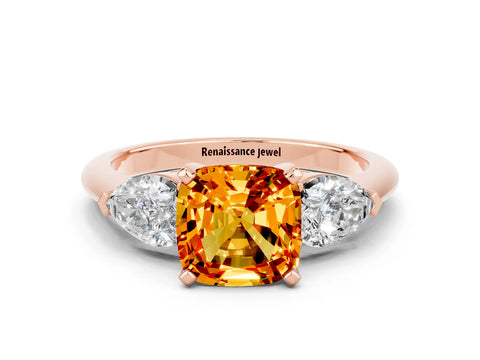 Rose gold Three-Stone Cushion Cut Citrine Ring with Pear Side Stones and Four-Prong Setting