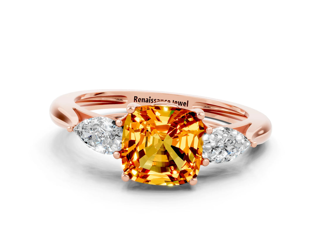 Rose gold Three-Stone Cushion Cut Citrine Ring with Pear  Side Stones in Four-Prong Setting_12