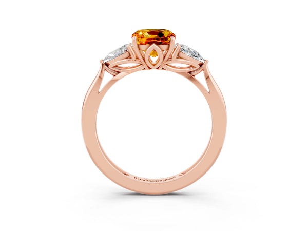 Rose gold Three-Stone Cushion Cut Citrine Ring with Pear  Side Stones in Four-Prong Setting