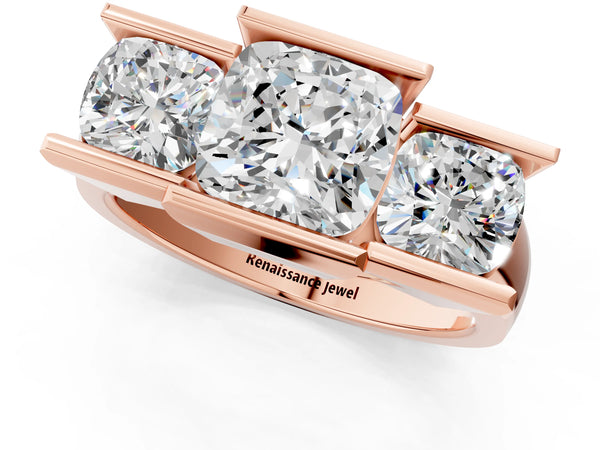 Rose Gold Cushion Cut Channel Set Three Stone Engagement Ring Setting with Wide Flat Band