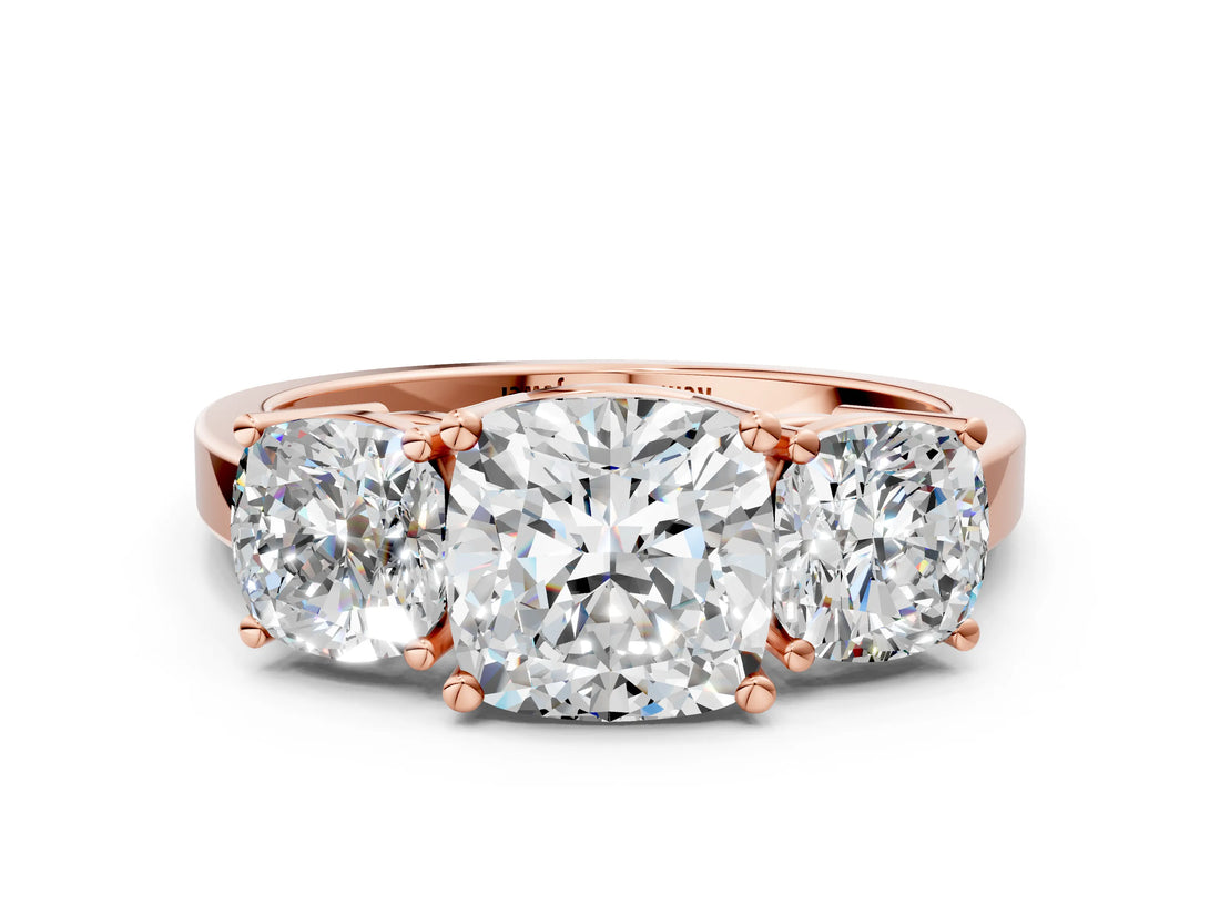 Rose gold Three-Stone Cushion Cut Cut Diamond Engagement Ring with Flat Band and Four-Prong Setting_3