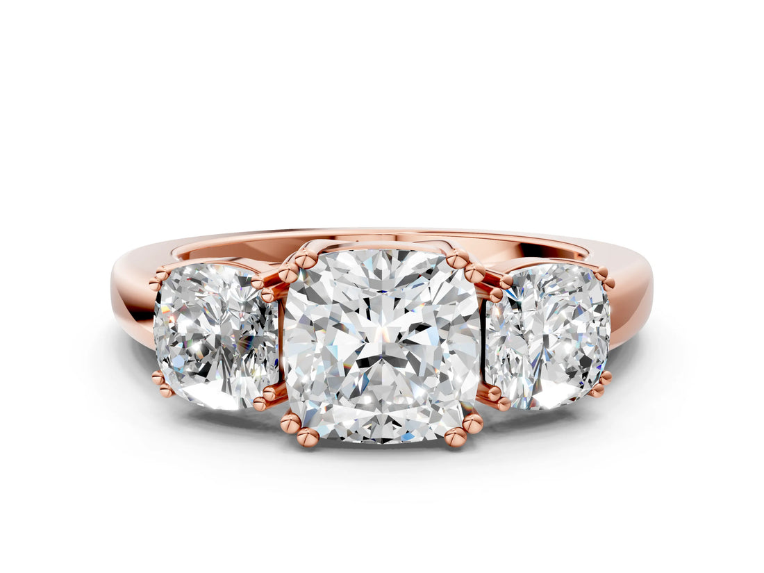 Rose gold Three-Stone Cushion Cut Cut Diamond Ring with Channel Set Band and Four-Prong Setting_7