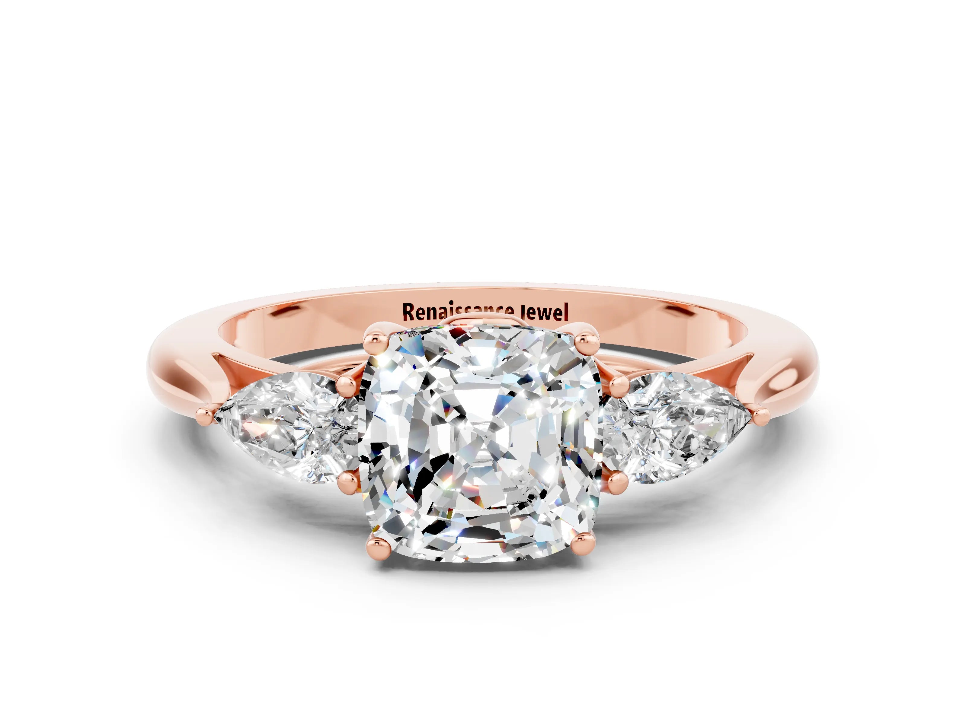 Rose gold Three-Stone Cushion Cut Cut Diamond Ring with Pear Side Stones in Four-Prong Setting