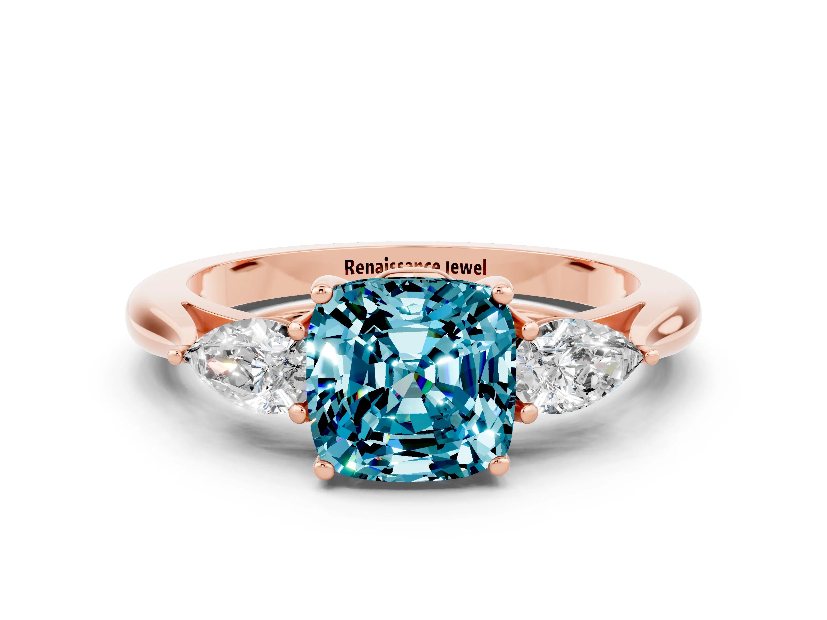 Rose gold Three-Stone Cushion Cut Cut Diamond Ring with Pear Side Stones in Four-Prong Setting