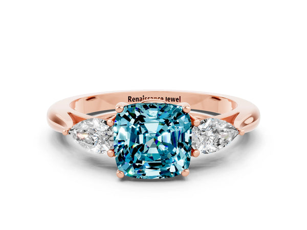 Rose gold Three-Stone Cushion Cut Cut Diamond Ring with Pear Side Stones in Four-Prong Setting