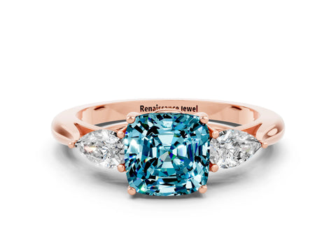 Rose gold Three-Stone Cushion Cut Cut Diamond Ring with Pear Side Stones in Four-Prong Setting