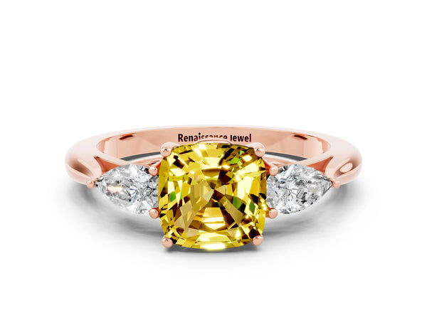 Rose gold Three-Stone Cushion Cut Yellow Sapphire Ring with Pear  Side Stones in Four-Prong Setting