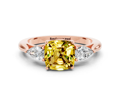 Rose gold Three-Stone Cushion Cut Cut Diamond Ring with Pear Side Stones in Four-Prong Setting