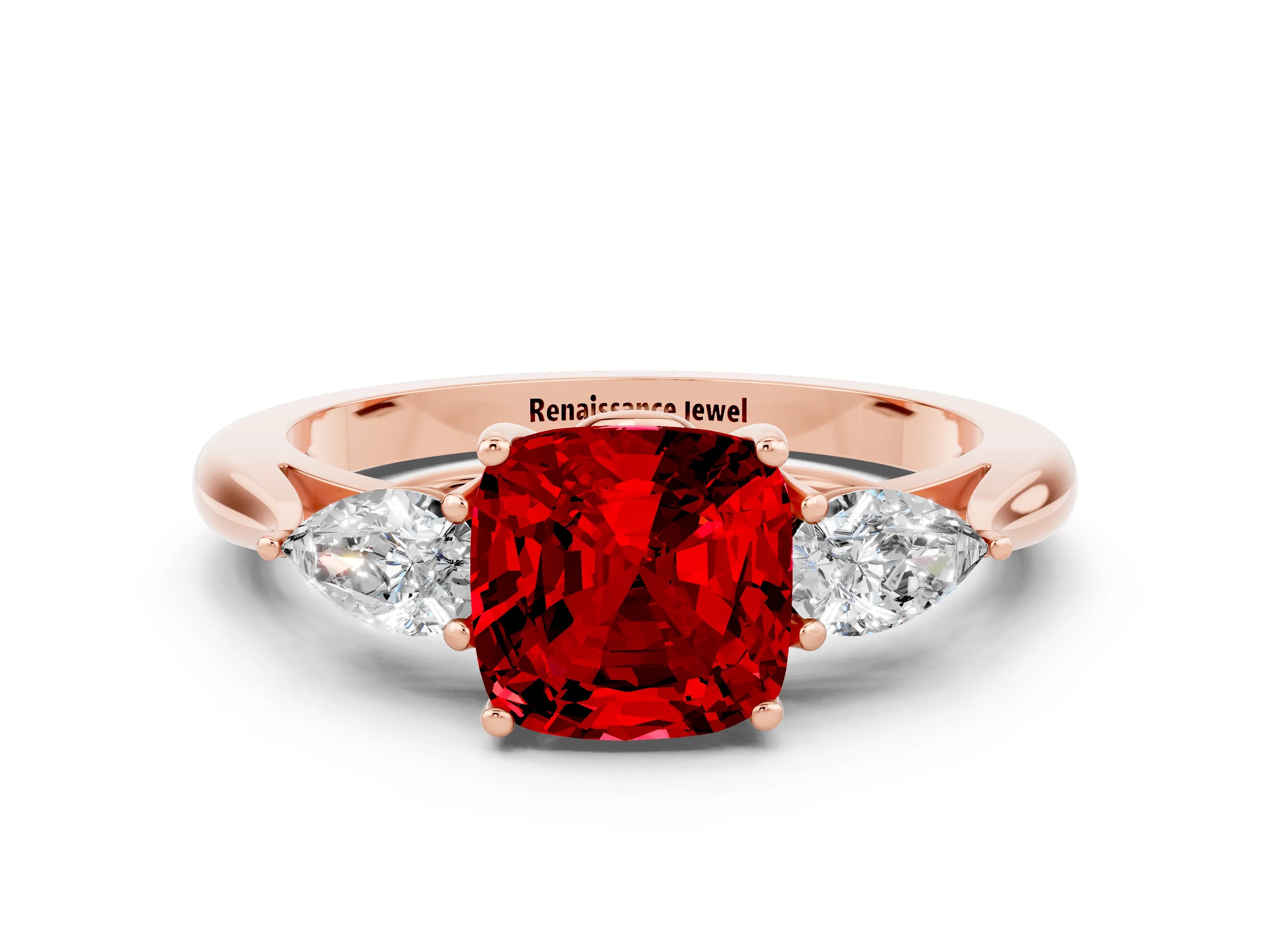 Rose gold Three-Stone Cushion Cut Cut Diamond Ring with Pear Side Stones in Four-Prong Setting
