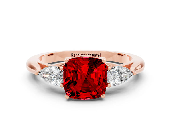 Rose gold Three-Stone Cushion Cut Cut Diamond Ring with Pear Side Stones in Four-Prong Setting