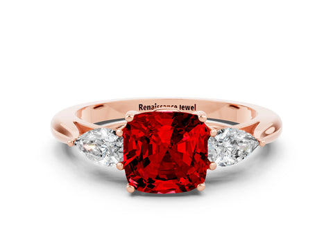 Rose gold Three-Stone Cushion Cut Cut Diamond Ring with Pear Side Stones in Four-Prong Setting