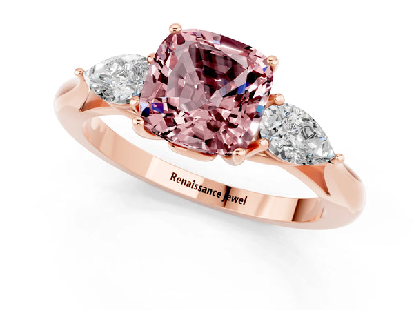 Rose gold Three-Stone Cushion Cut Cut Diamond Ring with Pear Side Stones in Four-Prong Setting