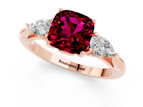 Rose gold Three-Stone Cushion Cut Cut Diamond Ring with Pear Side Stones in Four-Prong Setting_1