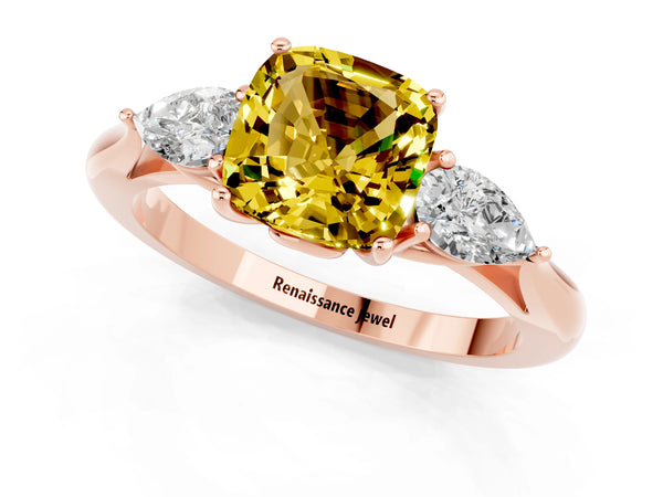 Rose gold Three-Stone Cushion Cut Yellow Sapphire Ring with Pear  Side Stones in Four-Prong Setting