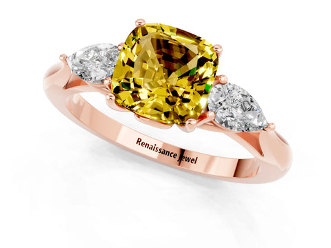 Rose gold Three-Stone Cushion Cut Cut Diamond Ring with Pear Side Stones in Four-Prong Setting_1