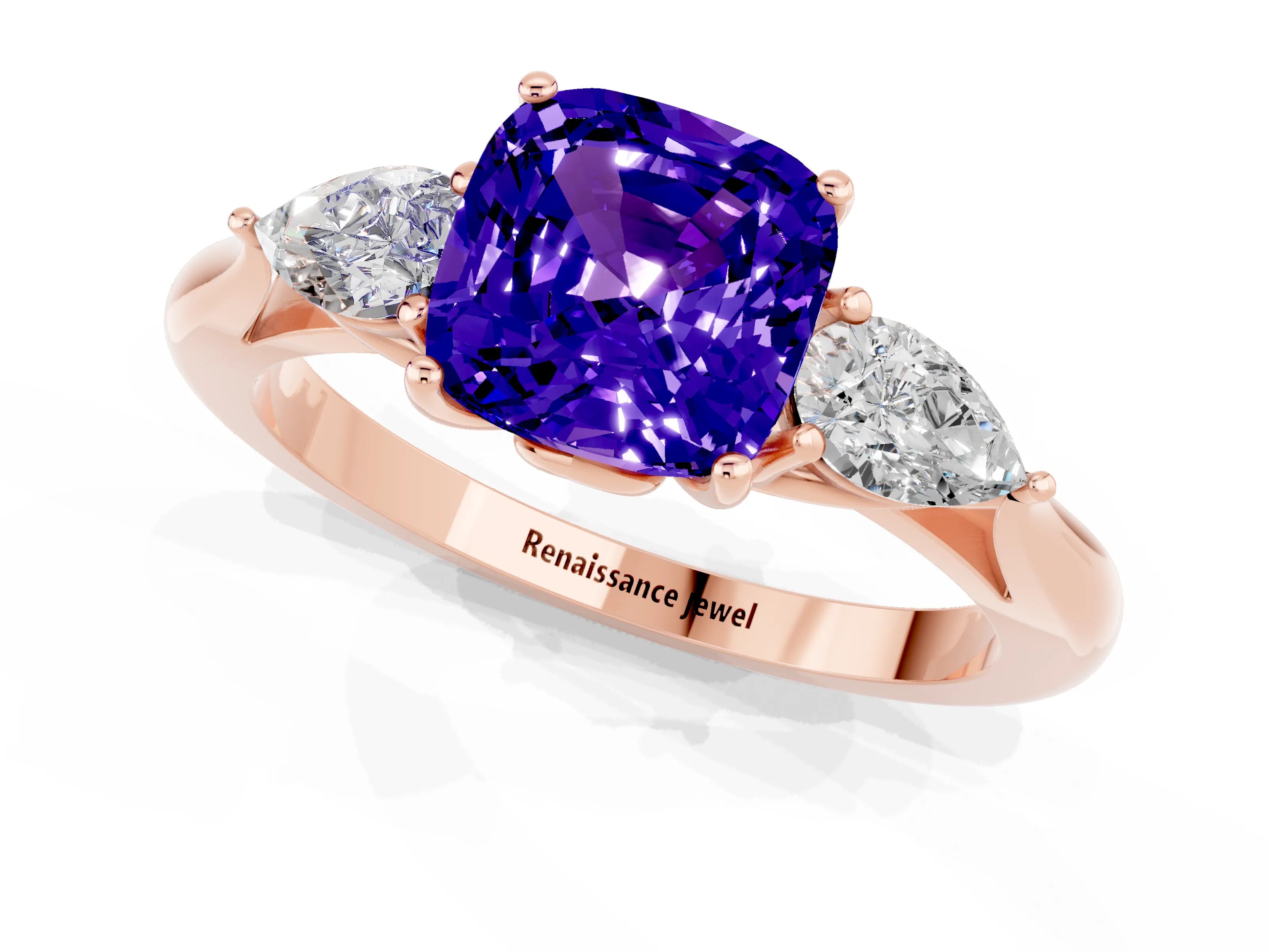 Rose gold Three-Stone Cushion Cut Cut Diamond Ring with Pear Side Stones in Four-Prong Setting_1