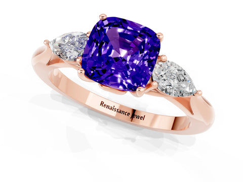 Rose gold Three-Stone Cushion Cut Cut Diamond Ring with Pear Side Stones in Four-Prong Setting_1