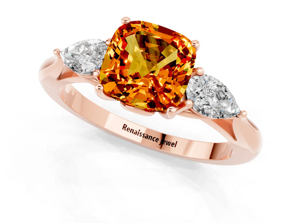 Rose gold Three-Stone Cushion Cut Citrine Ring with Pear  Side Stones in Four-Prong Setting
