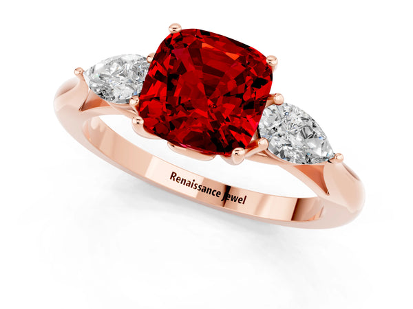 Rose gold Three-Stone Cushion Cut Cut Diamond Ring with Pear Side Stones in Four-Prong Setting