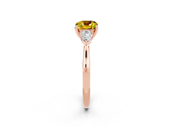 Rose gold Three-Stone Cushion Cut Yellow Sapphire Ring with Pear  Side Stones in Four-Prong Setting