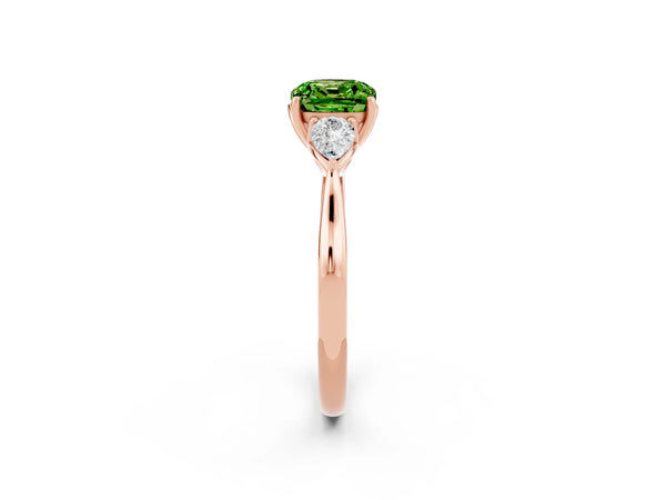 Rose gold Three-Stone Cushion Cut Cut Diamond Ring with Pear Side Stones in Four-Prong Setting