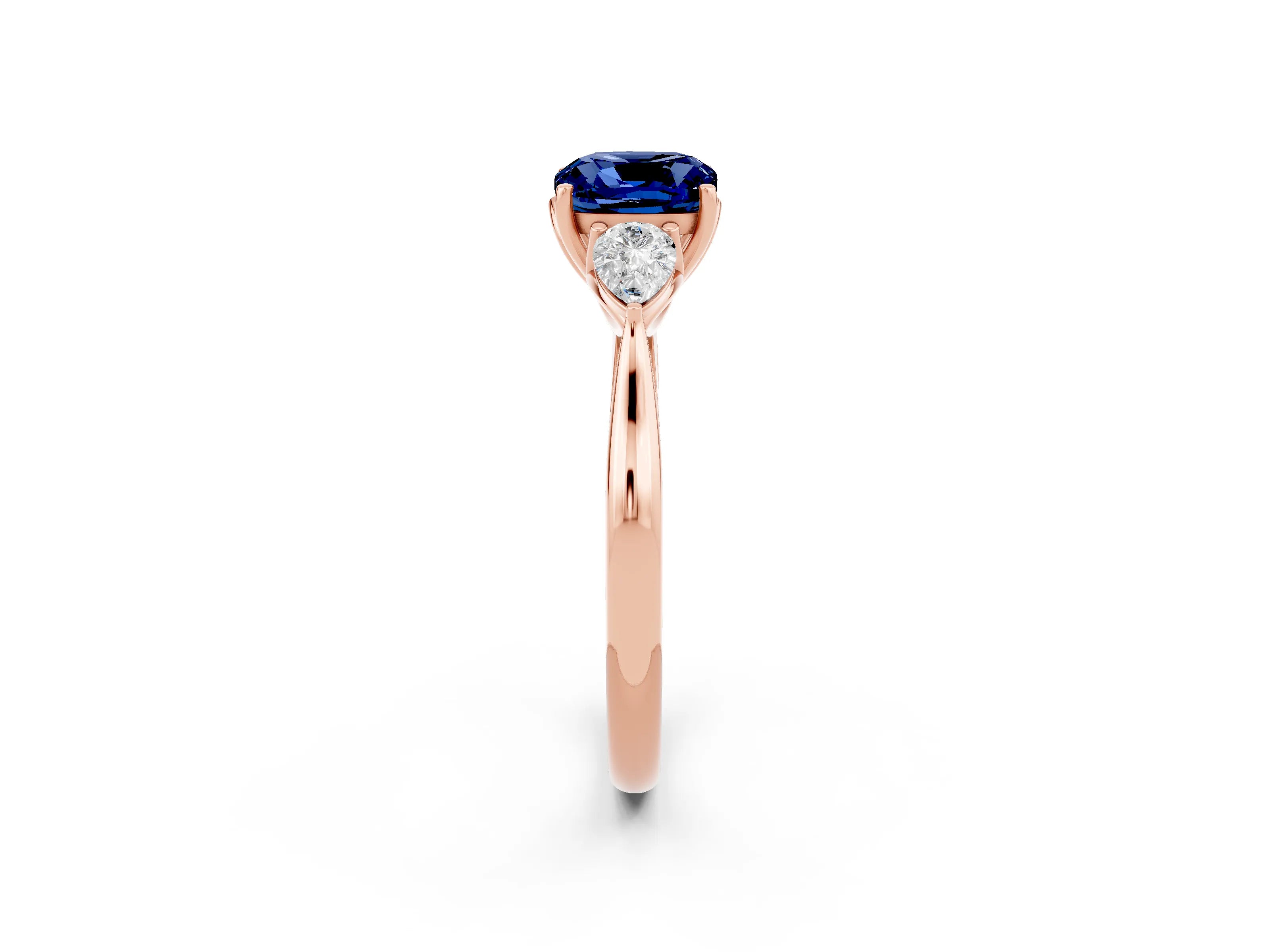 Rose gold Three-Stone Cushion Cut Cut Diamond Ring with Pear Side Stones in Four-Prong Setting_2