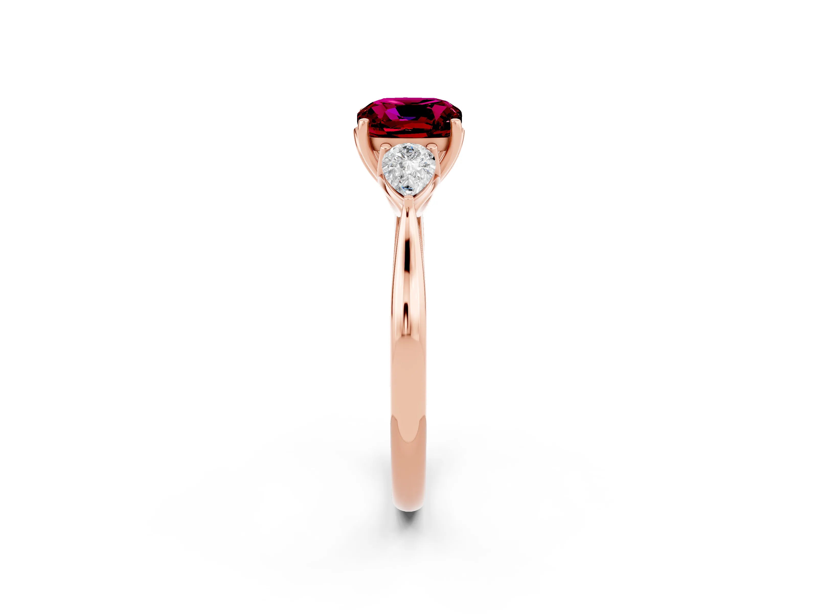 Rose gold Three-Stone Cushion Cut Cut Diamond Ring with Pear Side Stones in Four-Prong Setting_2