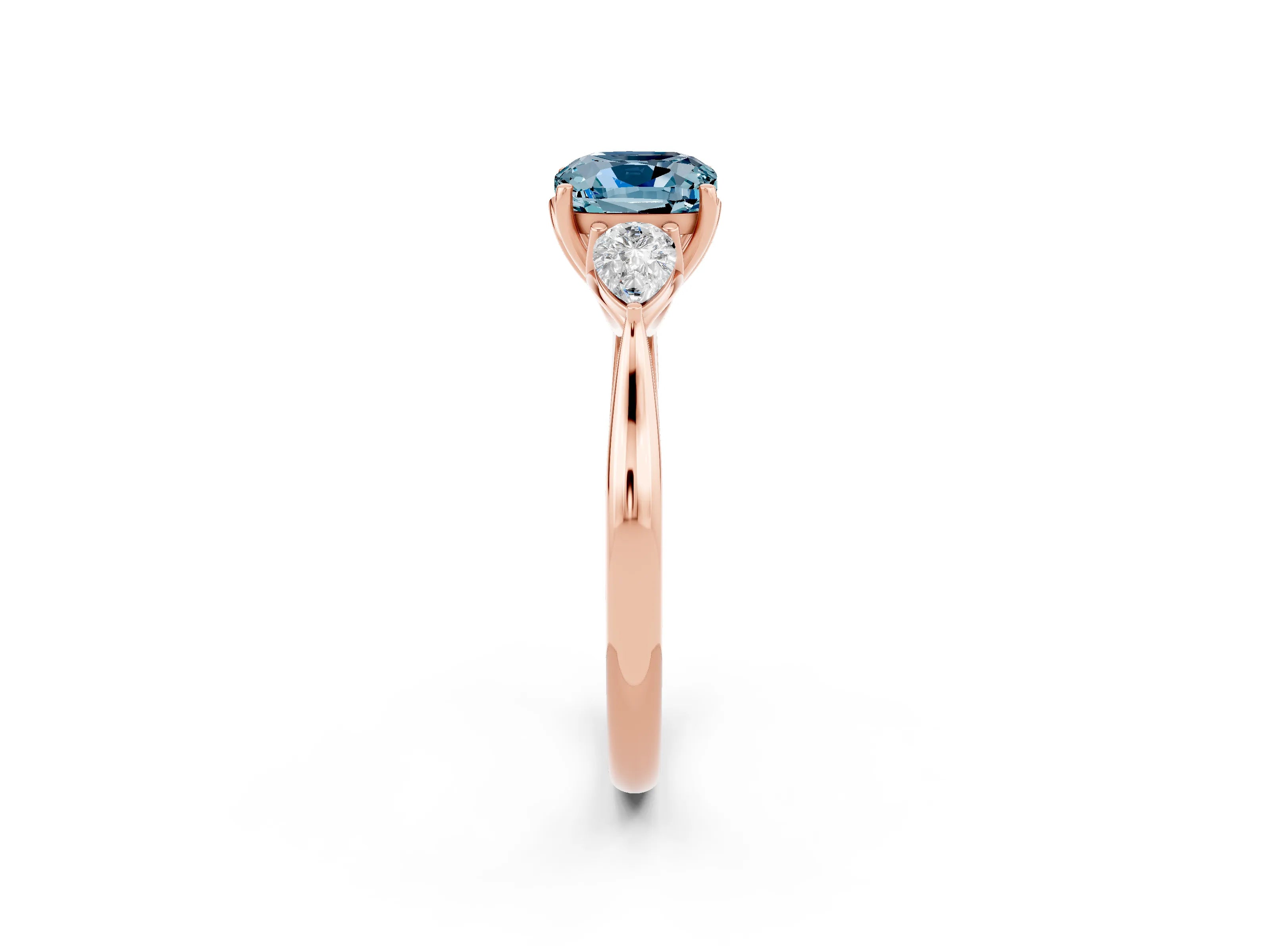 Rose gold Three-Stone Cushion Cut Cut Diamond Ring with Pear Side Stones in Four-Prong Setting_2