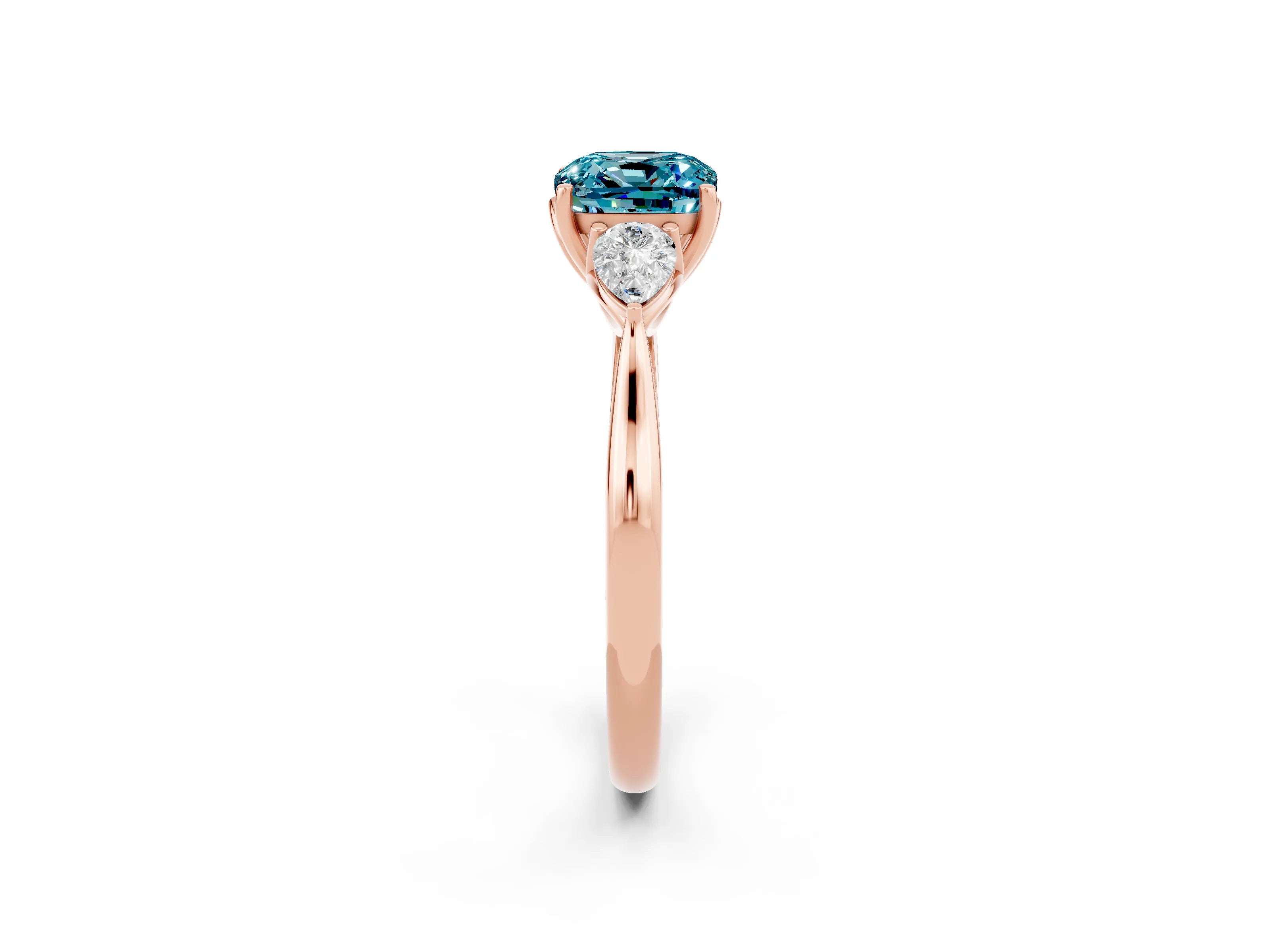 Rose gold Three-Stone Cushion Cut Cut Diamond Ring with Pear Side Stones in Four-Prong Setting_2