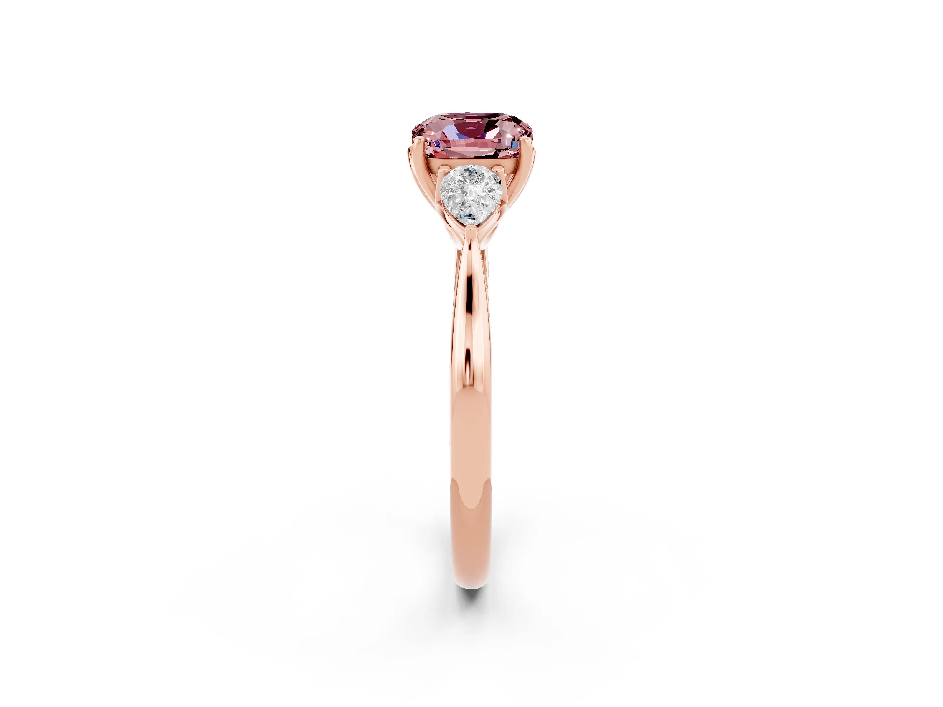 Rose gold Three-Stone Cushion Cut Cut Diamond Ring with Pear Side Stones in Four-Prong Setting_2
