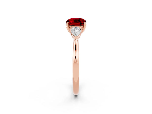 Rose gold Three-Stone Cushion Cut Cut Diamond Ring with Pear Side Stones in Four-Prong Setting