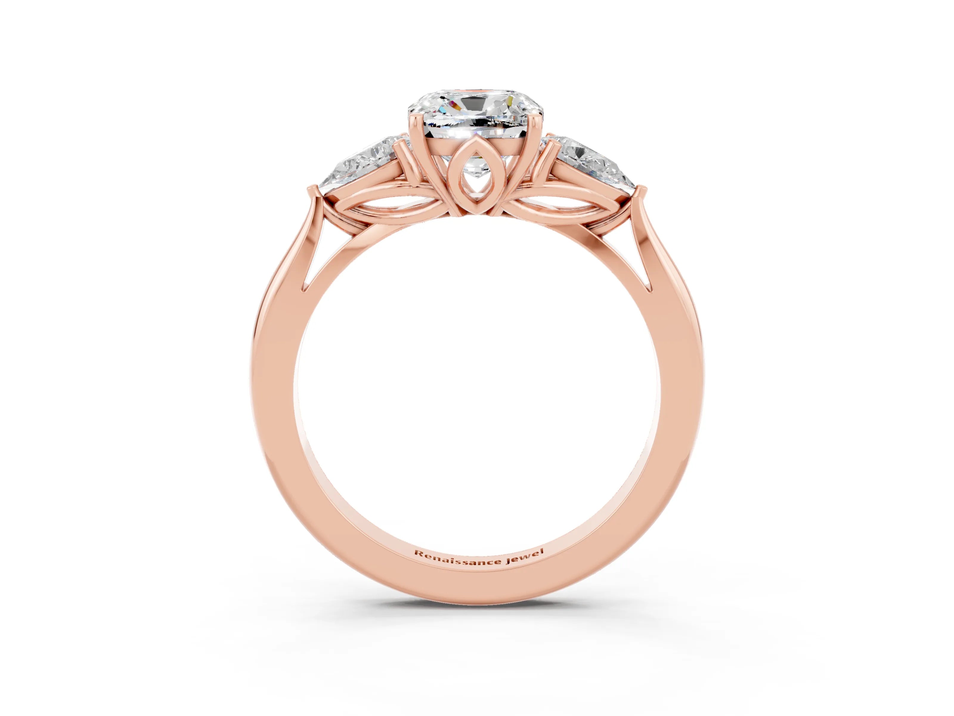 Rose gold Three-Stone Cushion Cut Cut Diamond Ring with Pear Side Stones in Four-Prong Setting_3