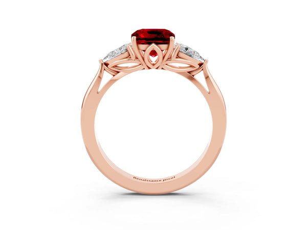 Rose gold Three-Stone Cushion Cut Cut Diamond Ring with Pear Side Stones in Four-Prong Setting