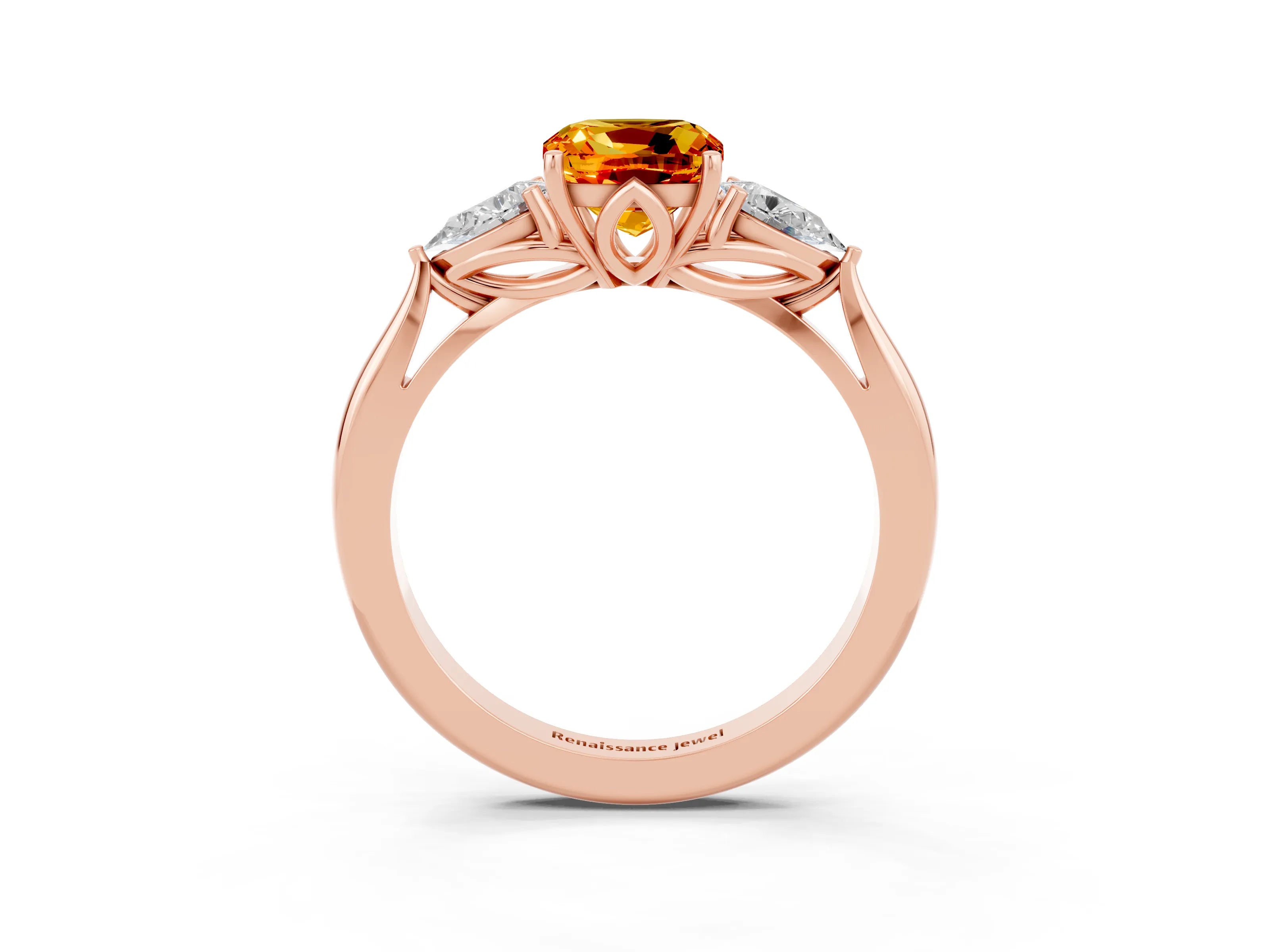 Rose gold Three-Stone Cushion Cut Cut Diamond Ring with Pear Side Stones in Four-Prong Setting_3