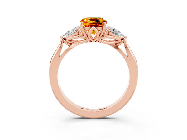 Rose gold Three-Stone Cushion Cut Citrine Ring with Pear  Side Stones in Four-Prong Setting