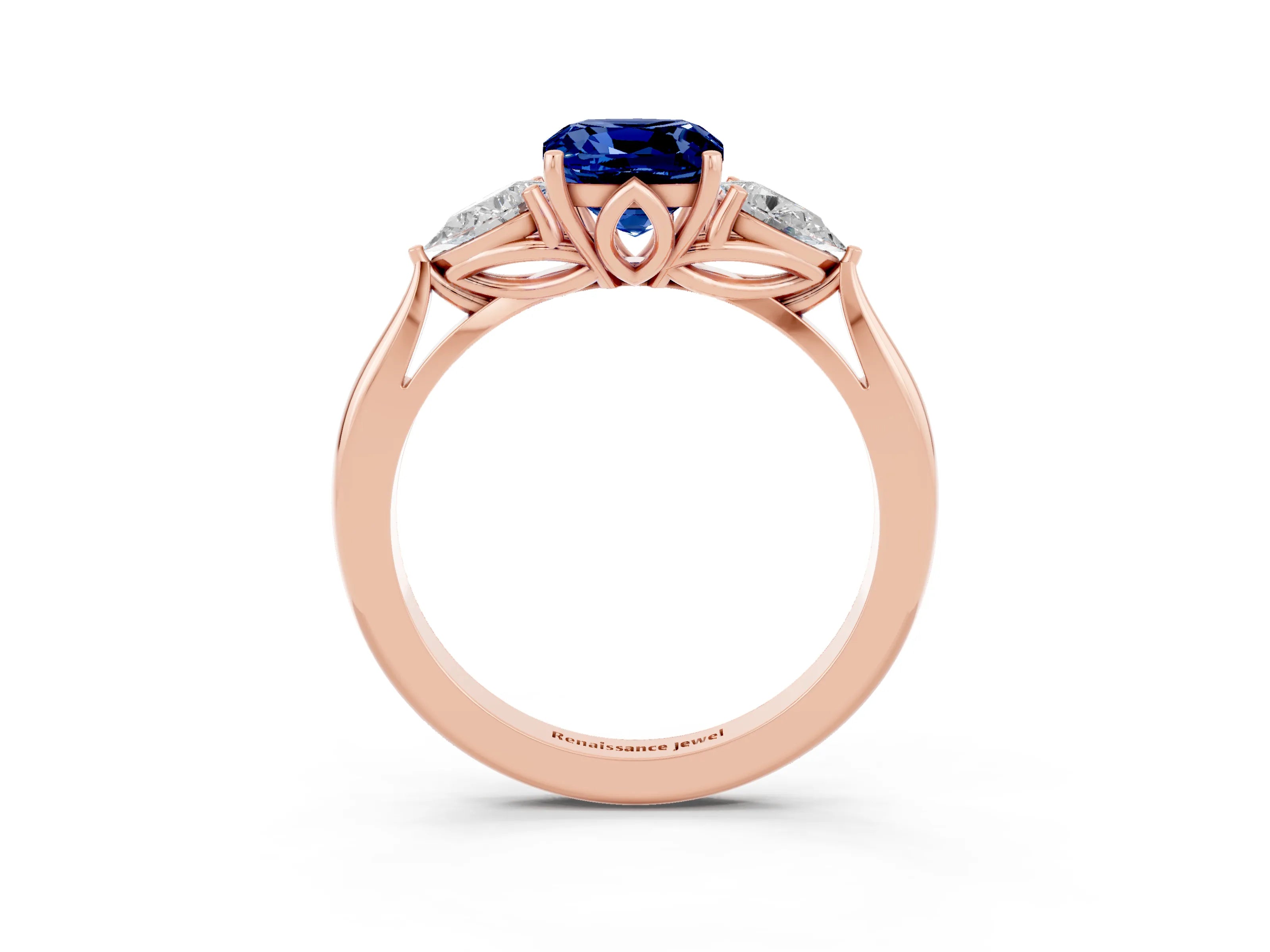 Rose gold Three-Stone Cushion Cut Cut Diamond Ring with Pear Side Stones in Four-Prong Setting_3