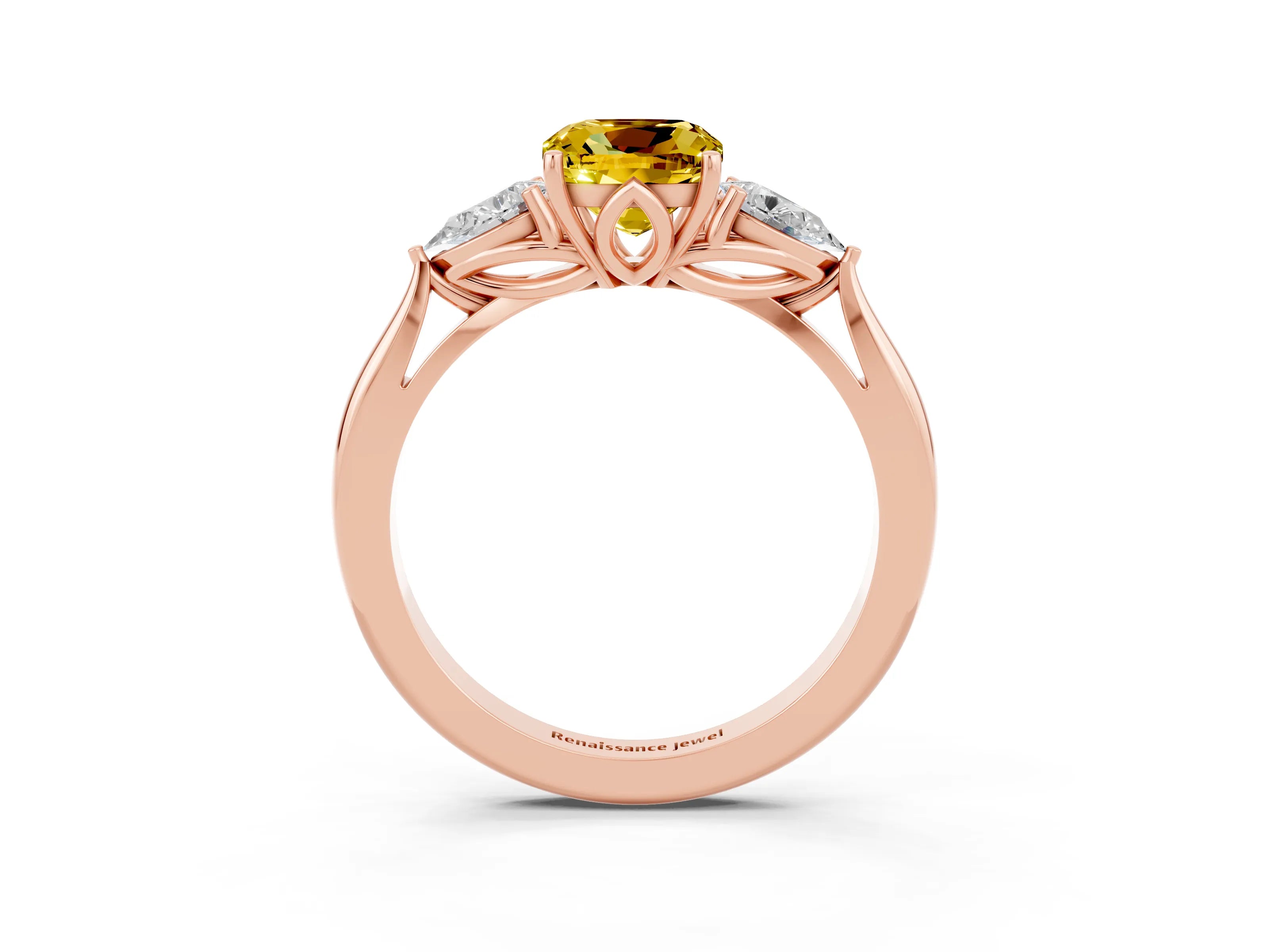 Rose gold Three-Stone Cushion Cut Cut Diamond Ring with Pear Side Stones in Four-Prong Setting_3