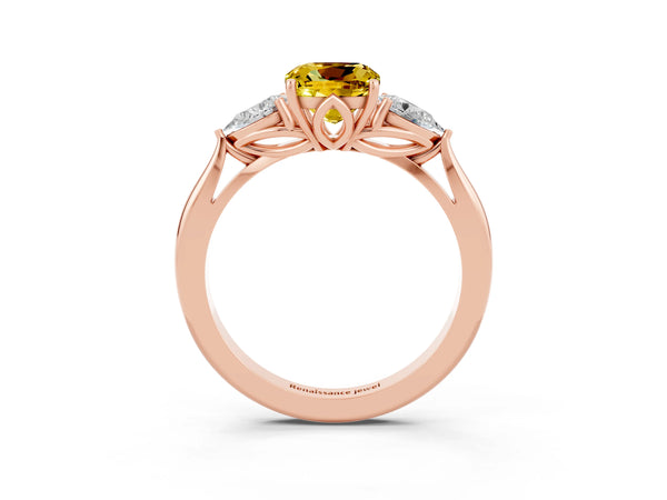 Rose gold Three-Stone Cushion Cut Yellow Sapphire Ring with Pear  Side Stones in Four-Prong Setting