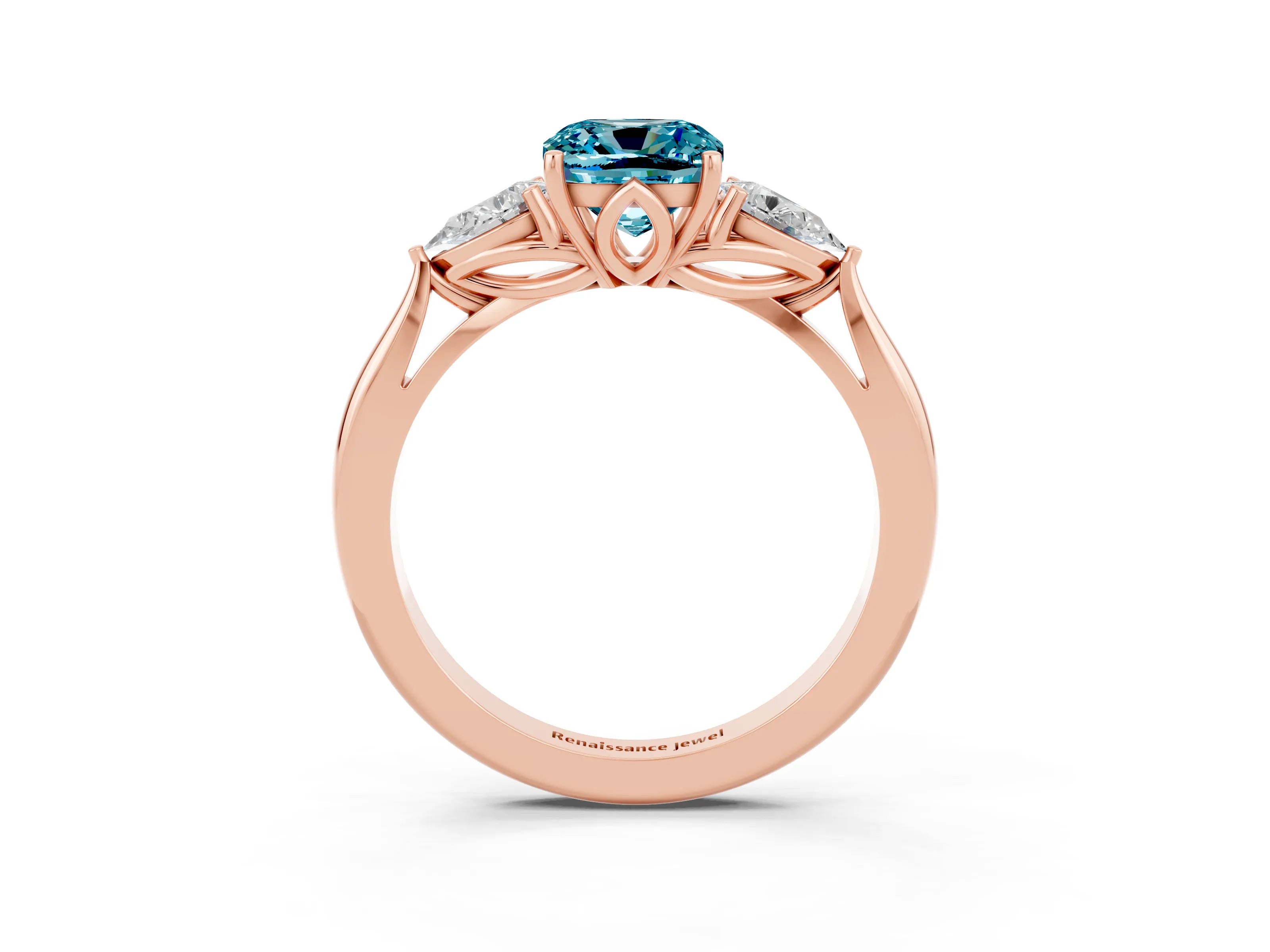 Rose gold Three-Stone Cushion Cut Cut Diamond Ring with Pear Side Stones in Four-Prong Setting_3
