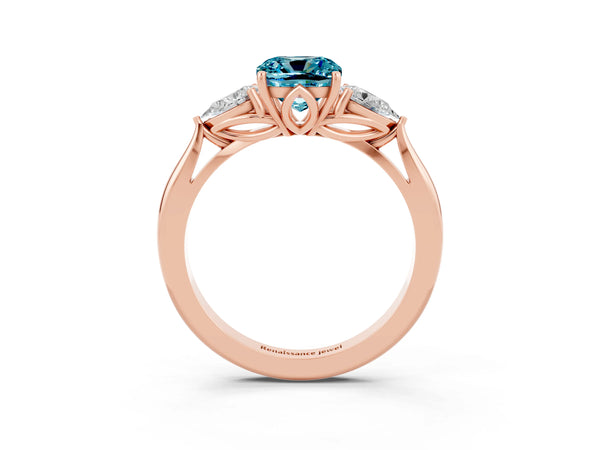 Rose gold Three-Stone Cushion Cut Cut Diamond Ring with Pear Side Stones in Four-Prong Setting
