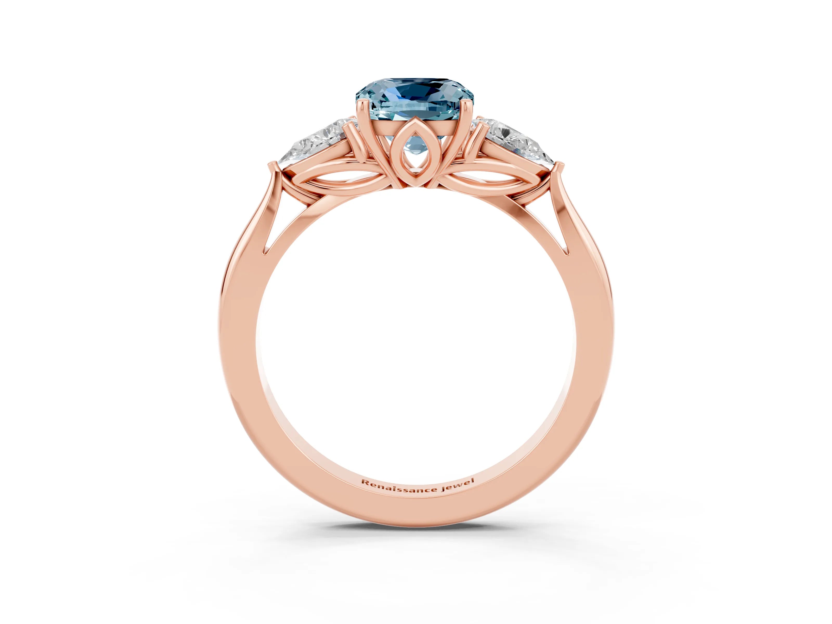 Rose gold Three-Stone Cushion Cut Cut Diamond Ring with Pear Side Stones in Four-Prong Setting_3