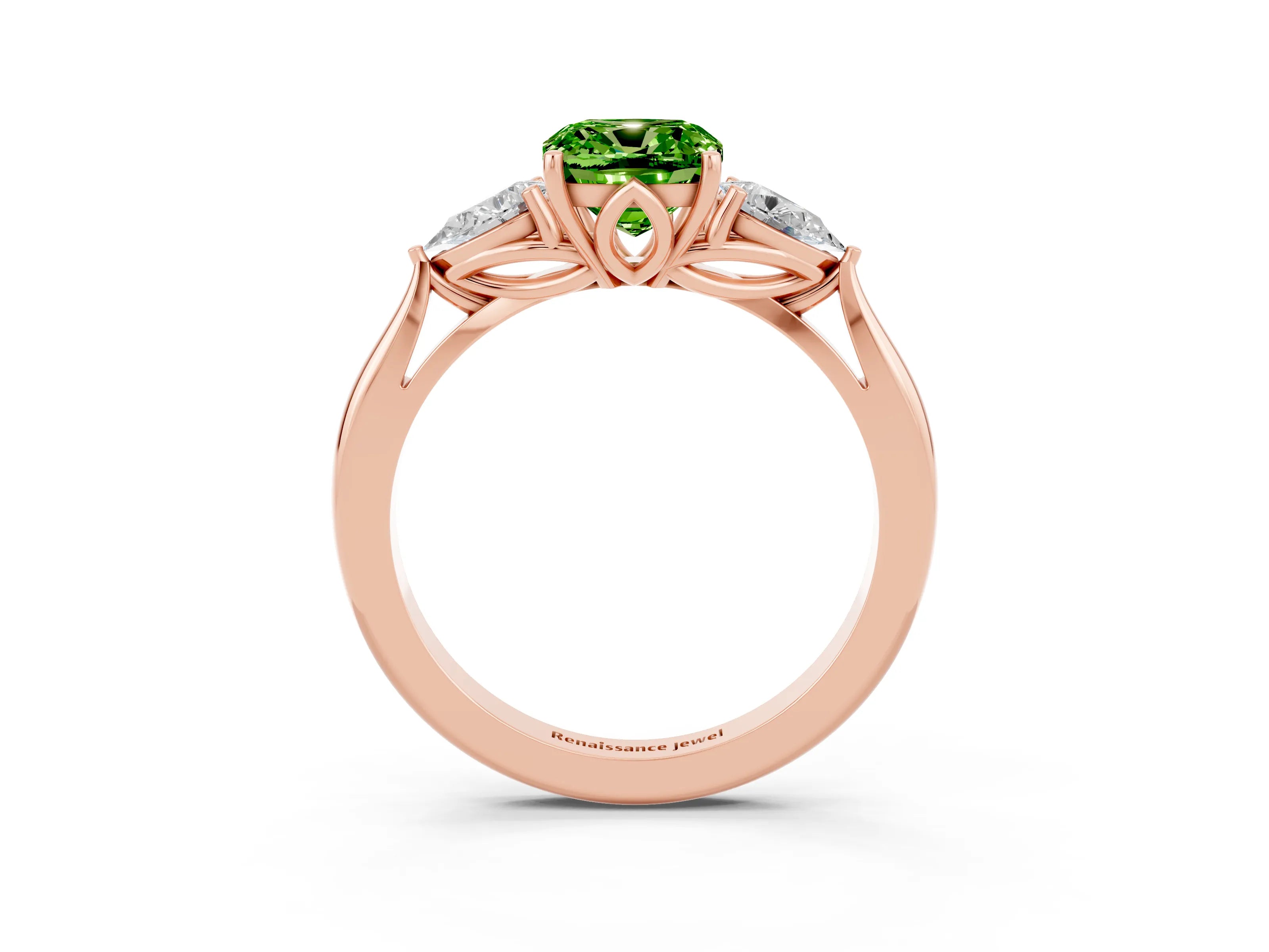 Rose gold Three-Stone Cushion Cut Cut Diamond Ring with Pear Side Stones in Four-Prong Setting_3