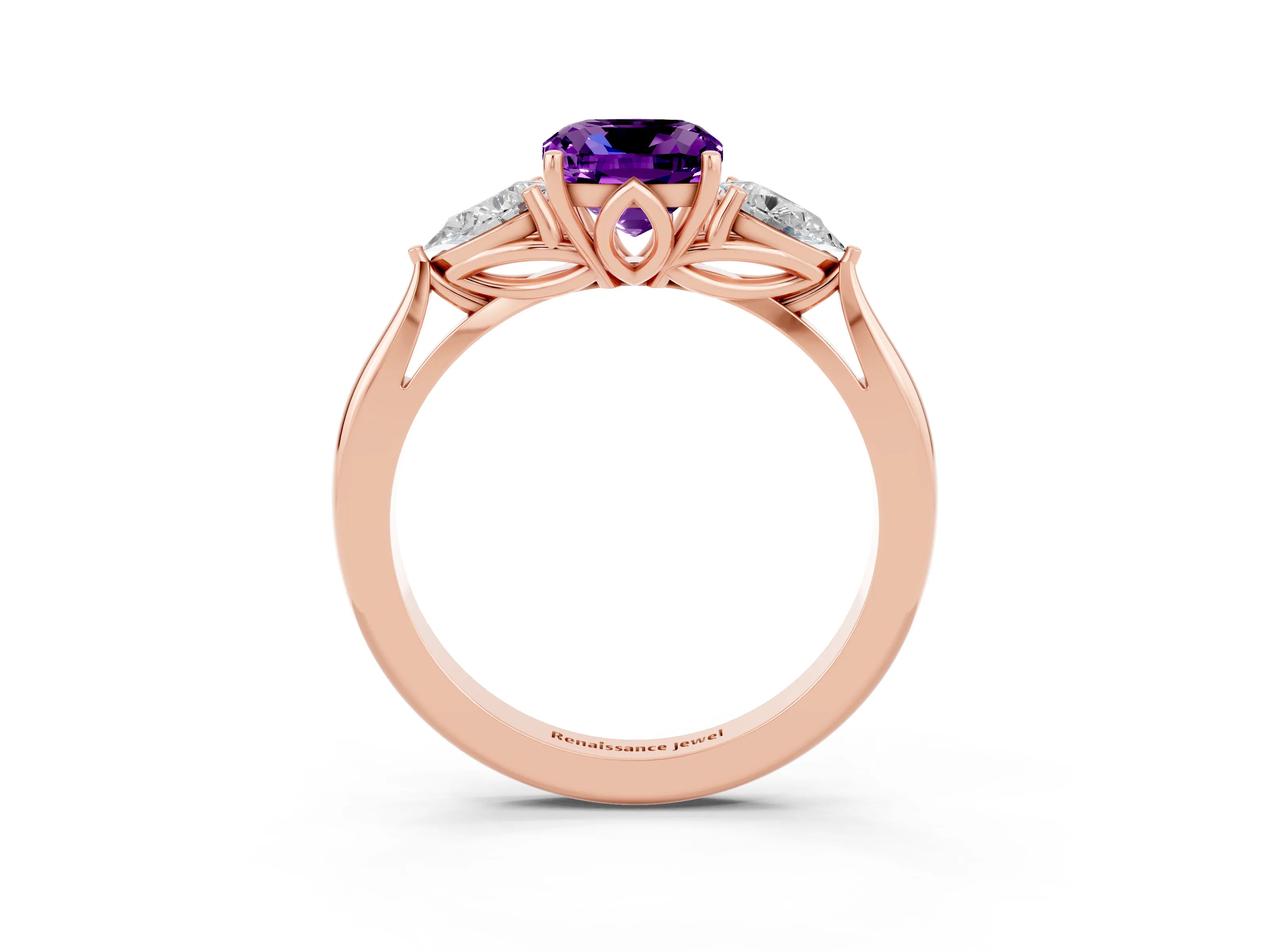 Rose gold Three-Stone Cushion Cut Cut Diamond Ring with Pear Side Stones in Four-Prong Setting_3
